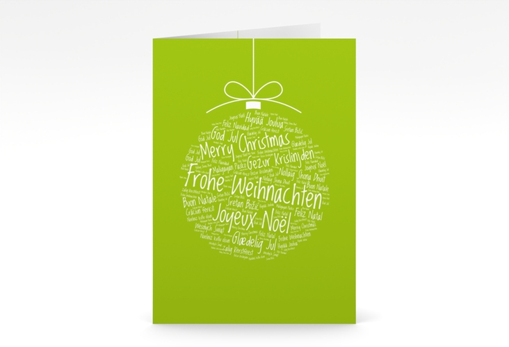 Business-Weihnachtskarte Wunderkugel A6 Klappkarte hoch gruen hochglanz schlicht mit Christbaumkugel