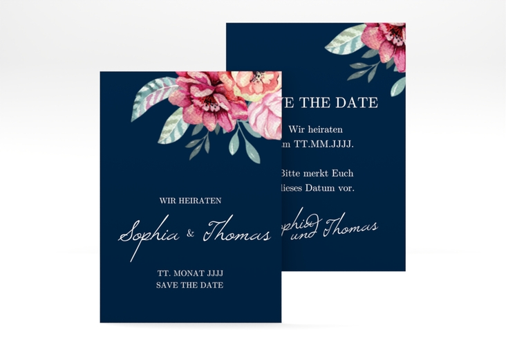 Save the Date-Visitenkarte Blooming Visitenkarte hoch blau hochglanz