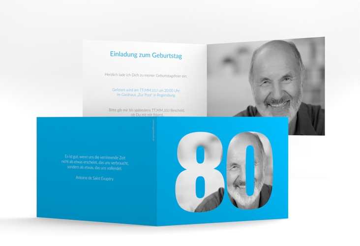 Einladung 80. Geburtstag Numbers A6 Klappkarte quer blau