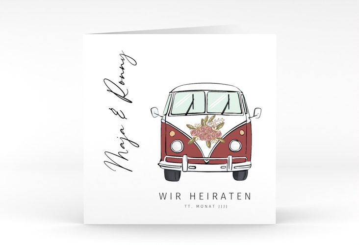 Hochzeitseinladung Hochzeitsbulli quadr. Klappkarte rot hochglanz
