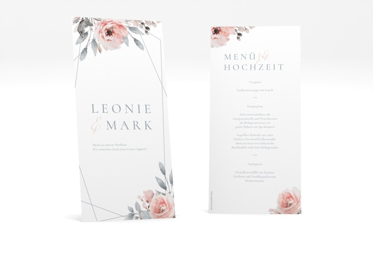 Menükarte Hochzeit Perfection lange Karte hoch weiss mit rosa Rosen