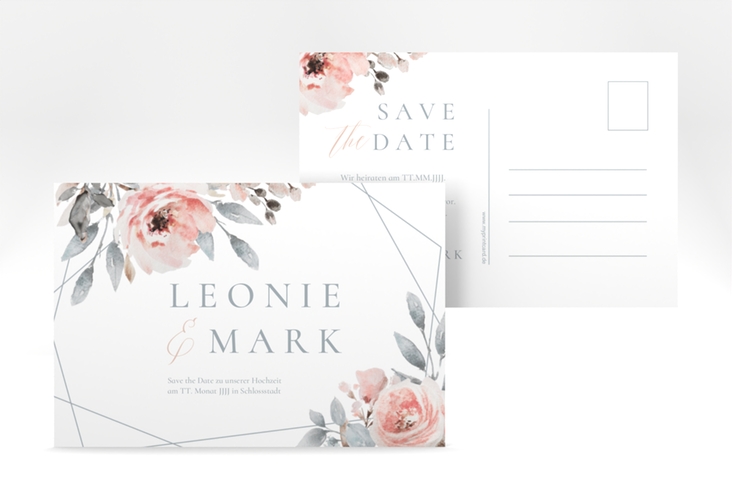 Save the Date-Postkarte Perfection A6 Postkarte weiss hochglanz mit rosa Rosen