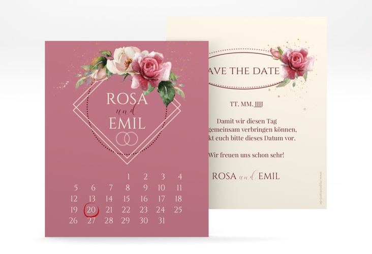 Save the Date-Kalenderblatt Rosenbogen Kalenderblatt-Karte rosa
