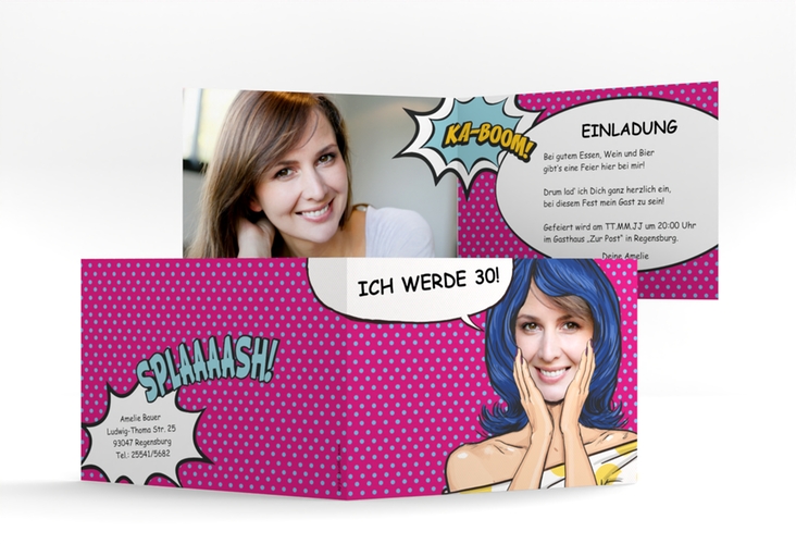 Einladung 30. Geburtstag Popart Woman A6 Klappkarte quer