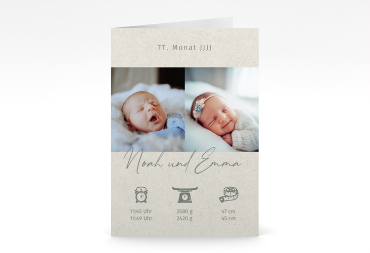 Geburtskarte Zwillinge A6 Klappkarte hoch beige