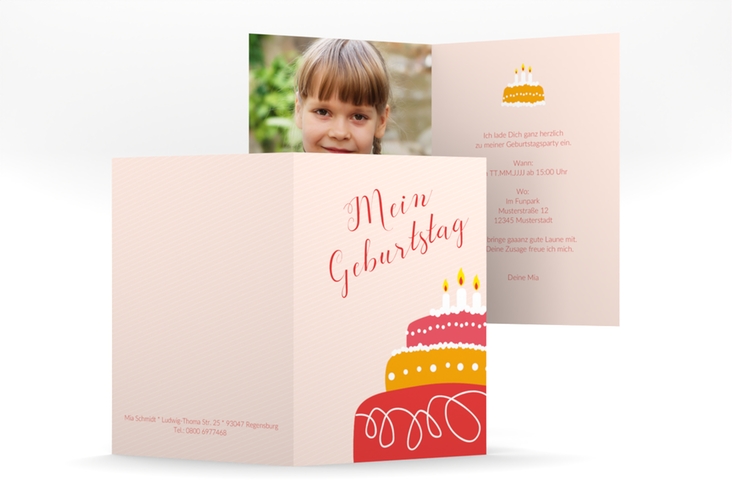 Einladungskarte Kindergeburtstag Geburtstagstorte A6 Klappkarte hoch rot