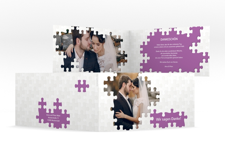 Dankeskarte Hochzeit Puzzle lange Klappkarte quer lila hochglanz