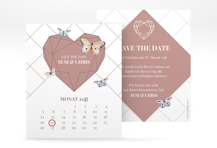 Save the Date-Kalenderblatt Butterfly Kalenderblatt-Karte mit Schmetterlingen und Herz im Geometric Design