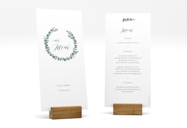 Menükarte Hochzeit Silverleaf lange Karte hoch mit Eukalyptus-Zweig