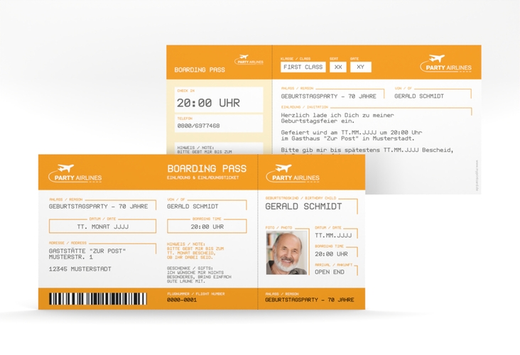 Einladung 70. Geburtstag Boardingpass lange Karte quer orange hochglanz