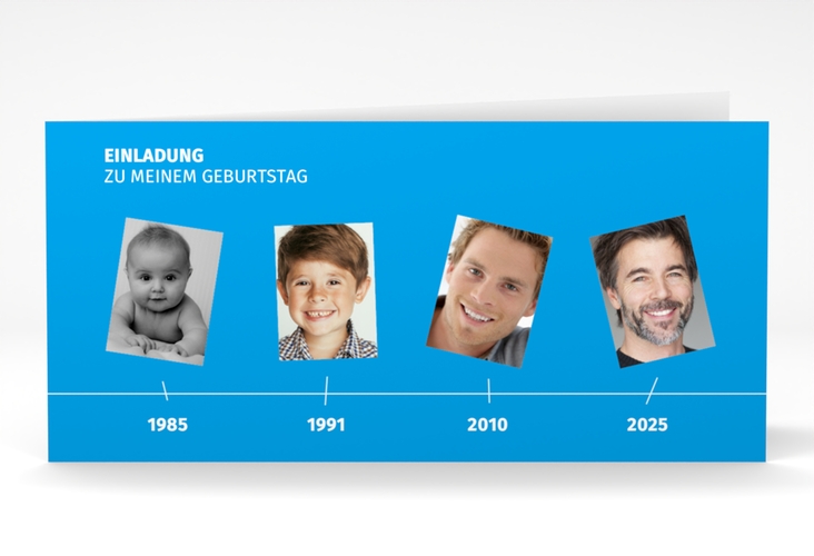 Einladung 40. Geburtstag Timeline lange Klappkarte quer blau