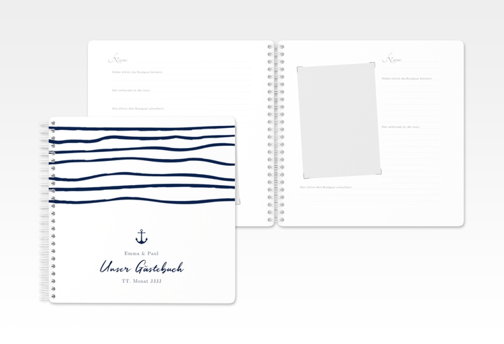 Gästebuch Hochzeit Liebesanker Ringbindung blau mit maritimem Streifenmuster und kleinem Anker