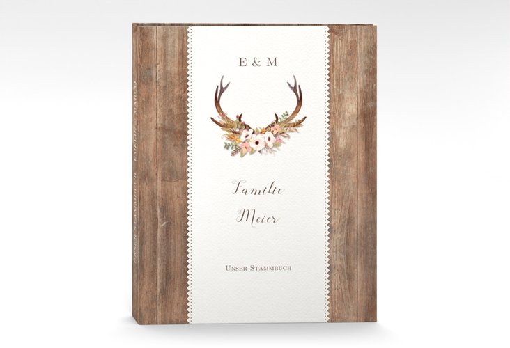 Stammbuch A4 Heimatjuwel Stammbuch A4 braun mit Hirschgeweih und Holz-Hintergrund