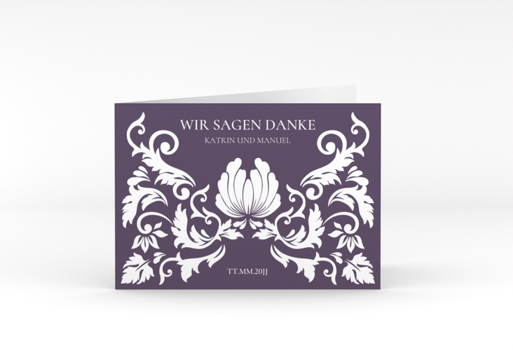 Danksagungskarte Hochzeit Royal A6 Klappkarte quer lila hochglanz mit barockem Blumen-Ornament