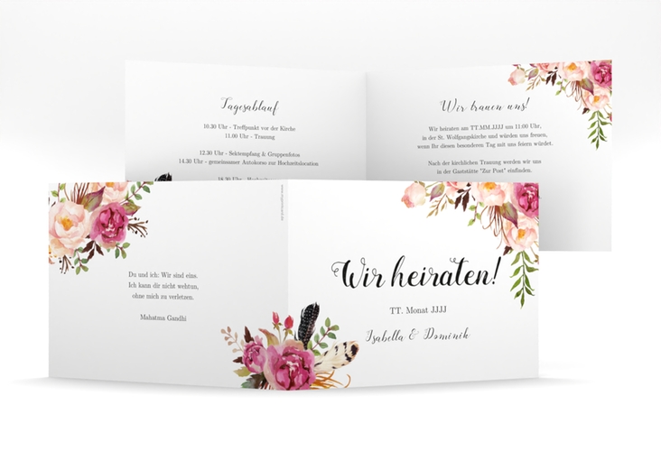 Hochzeitseinladung Flowers mittlere Klappkarte quer weiss hochglanz mit bunten Aquarell-Blumen