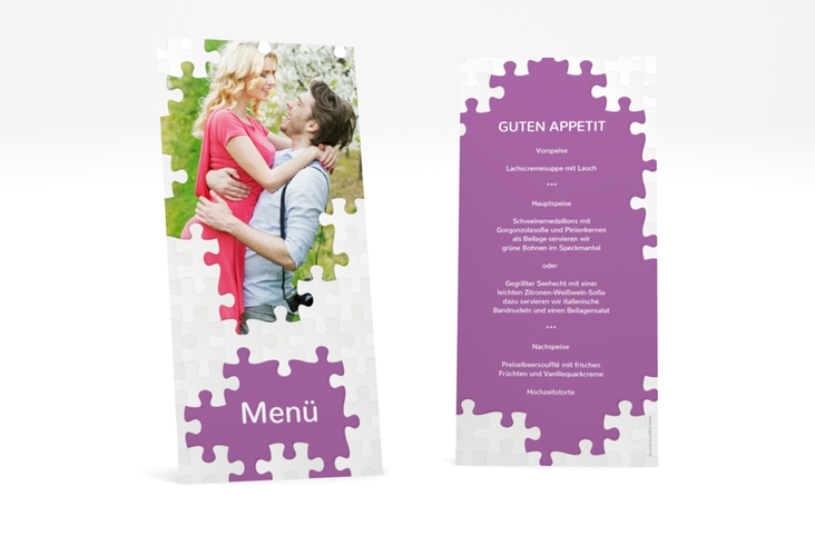 Menükarte Hochzeit Puzzle lange Karte hoch lila