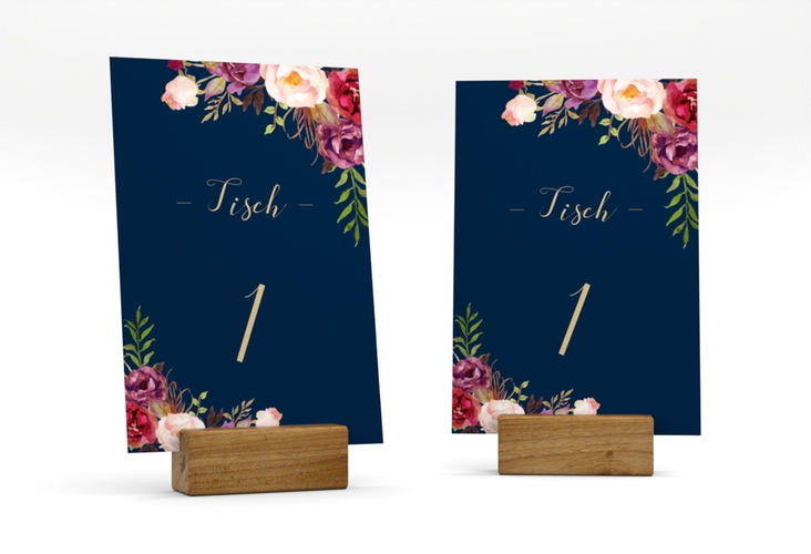 Tischnummer Hochzeit Flowers Tischaufsteller blau mit bunten Aquarell-Blumen