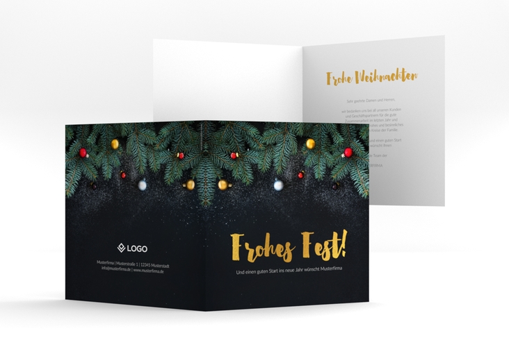 Geschäftliche Weihnachtskarte Weihnachtlich quadr. Klappkarte schwarz mit goldener Schrift und Weihnachtsdekor