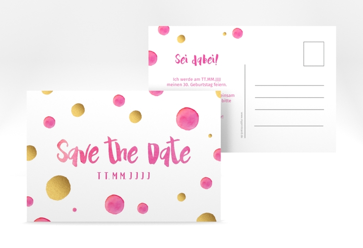 Save the Date-Postkarte Geburtstag Dots A6 Postkarte pink hochglanz