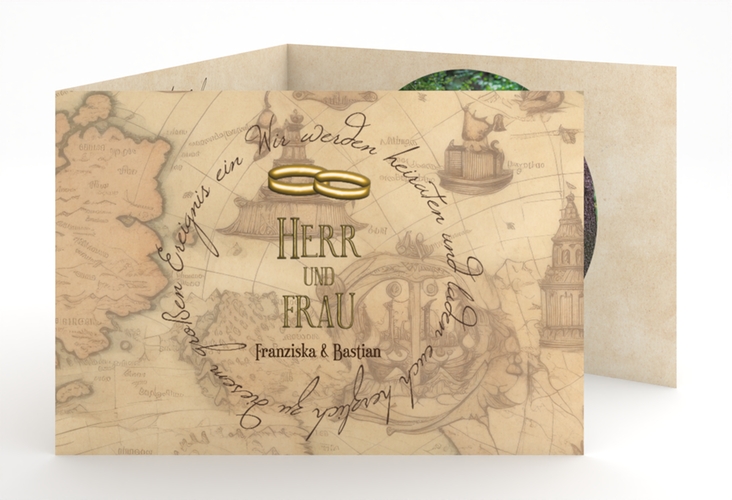 Hochzeitseinladung Zwei Ringe A6 Doppel-Klappkarte mit Eheringen und Fantasy-Landkarte