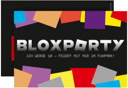 Klick: Details zu Einladungskarte Kindergeburtstag "Blox" anzeigen Einladungskarte Kindergeburtstag Blox A6 Karte quer bunt für Gamer