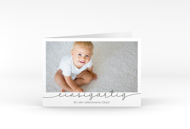 Einladungskarte Kindergeburtstag Einsigartig A6 Klappkarte quer weiss zum 1. Geburtstag mit Kinderfoto
