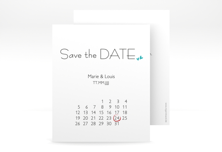 Save the Date-Kalenderblatt Twohearts Kalenderblatt-Karte tuerkis