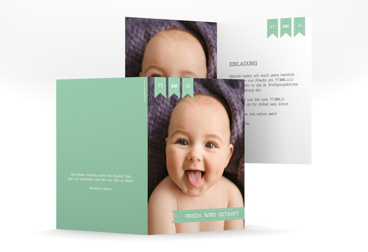 Einladungskarte Taufe Trust A6 Klappkarte hoch gruen mit Baby-Foto