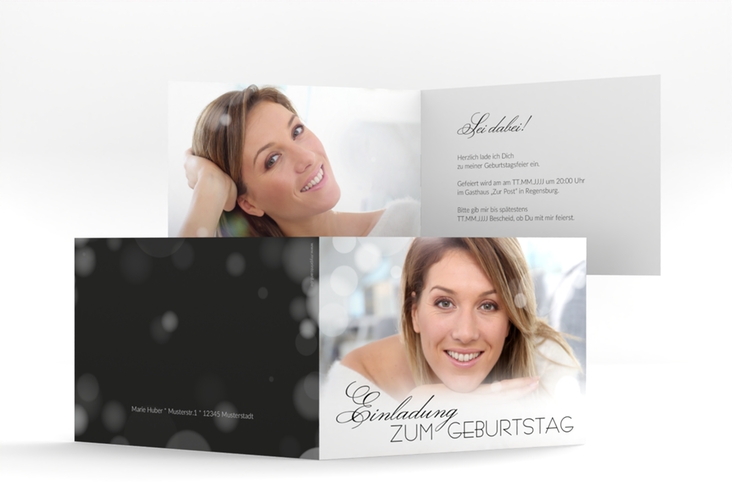 Einladung 40. Geburtstag Luminous A6 Klappkarte quer schwarz