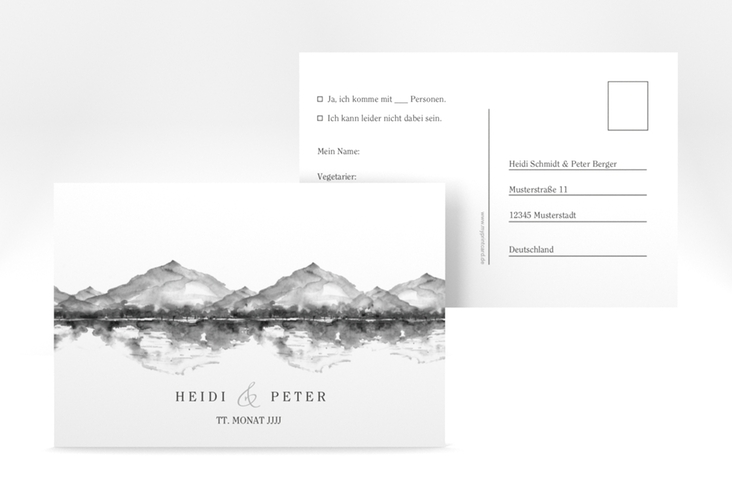 Antwortkarte Hochzeit Bergliebe A6 Postkarte grau mit Gebirgspanorama für Berghochzeit