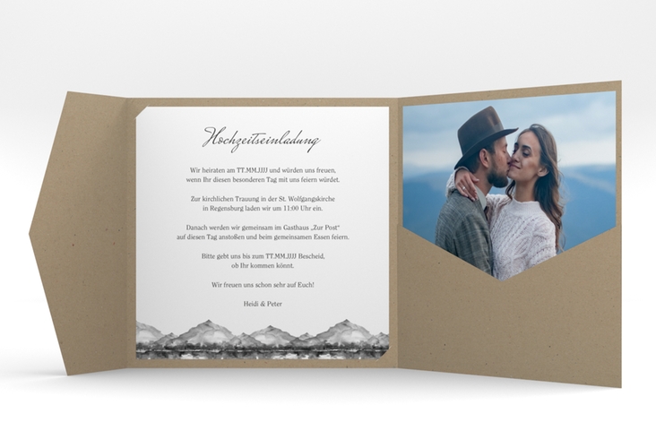 Hochzeitseinladung Bergliebe Pocketfold grau mit Gebirgspanorama für Berghochzeit