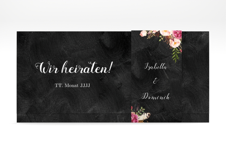 Hochzeitseinladung Flowers Wickelfalzkarte + Banderole schwarz hochglanz mit bunten Aquarell-Blumen