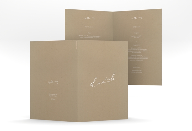 Menükarte Hochzeit Zweisamkeit A5 Klappkarte hoch Kraftpapier im minimalistischen Stil mit Aufschrift du & ich