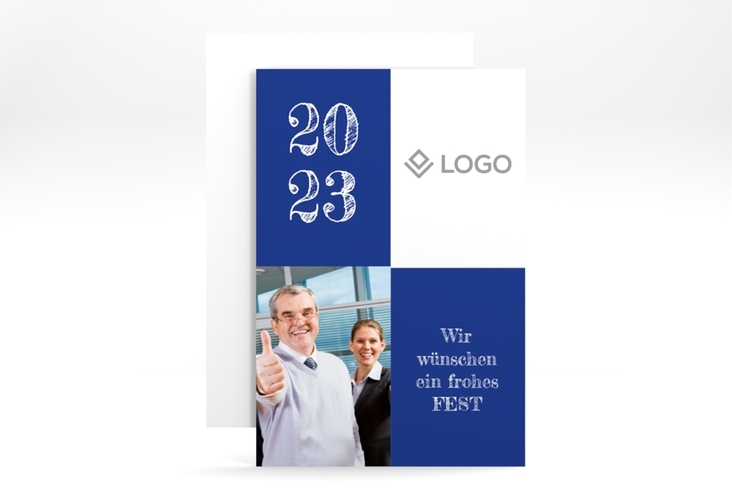 Business-Weihnachtskarte Partner A6 Karte hoch blau hochglanz modern mit Firmenlogo