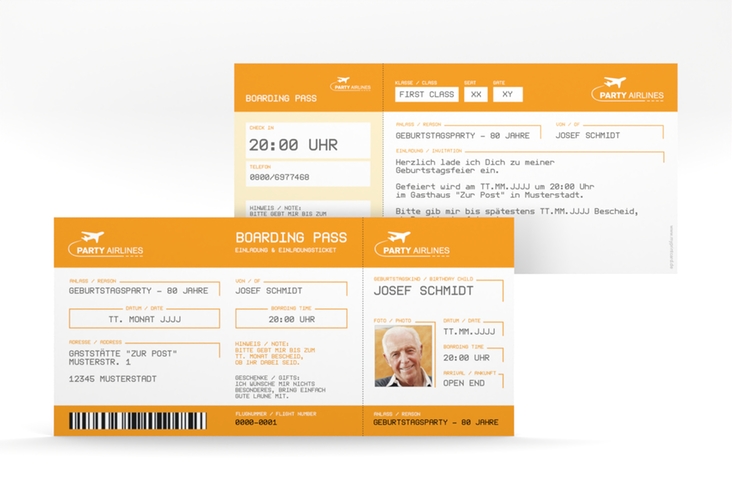 Einladung 80. Geburtstag Boardingpass lange Karte quer orange