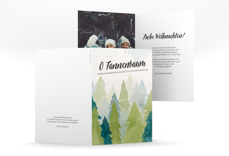 Weihnachtskarte Tannenwald A6 Klappkarte hoch hochglanz mit Tannenbaum-Design in Grün