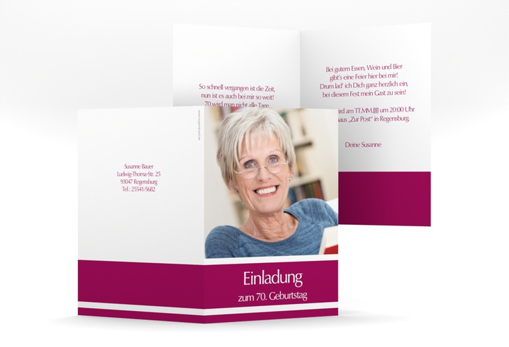 Einladung 70. Geburtstag Gerd/Gerda A6 Klappkarte hoch pink mit Foto
