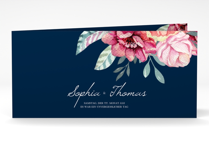 Dankeskarte HochzeitBlooming lange Klappkarte quer blau hochglanz