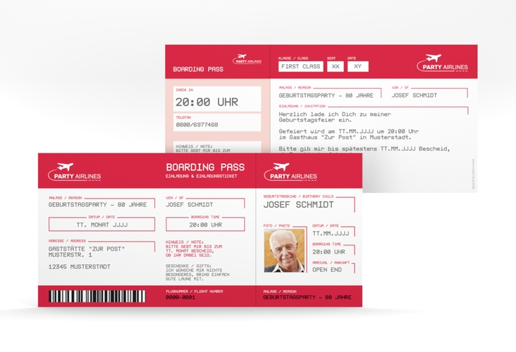Einladung 80. Geburtstag Boardingpass lange Karte quer rot hochglanz