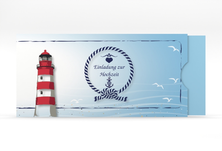 Hochzeitseinladung Sylt Einsteckkarte blau mit Leuchtturm