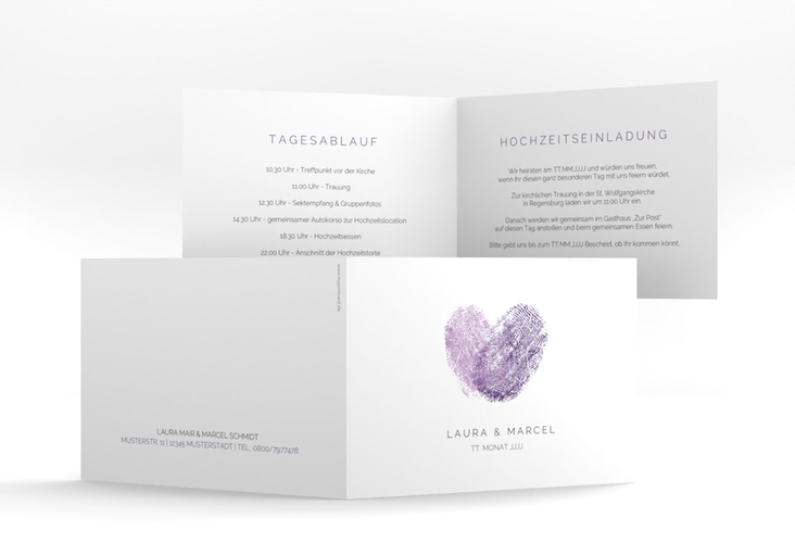 Hochzeitseinladung Fingerprint A6 Klappkarte quer lila hochglanz schlicht mit Fingerabdruck-Motiv