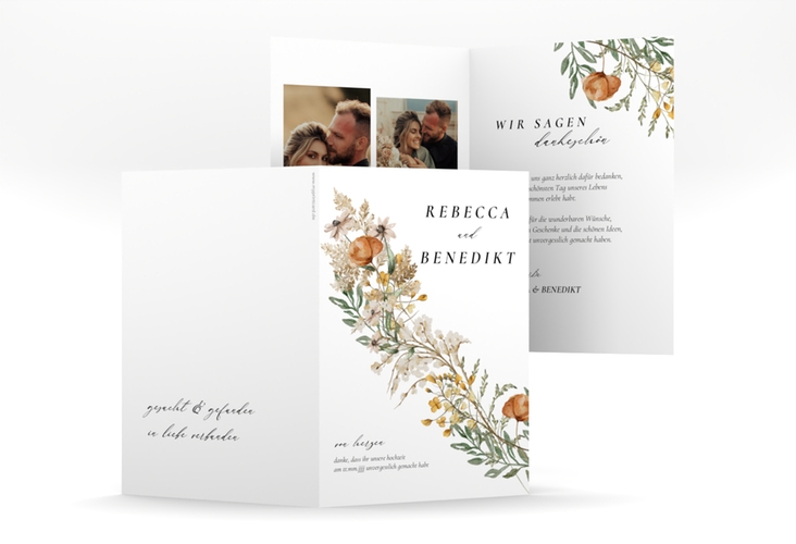 Danksagungskarte Hochzeit Wildfang A6 Klappkarte hoch weiss hochglanz mit getrockneten Wiesenblumen