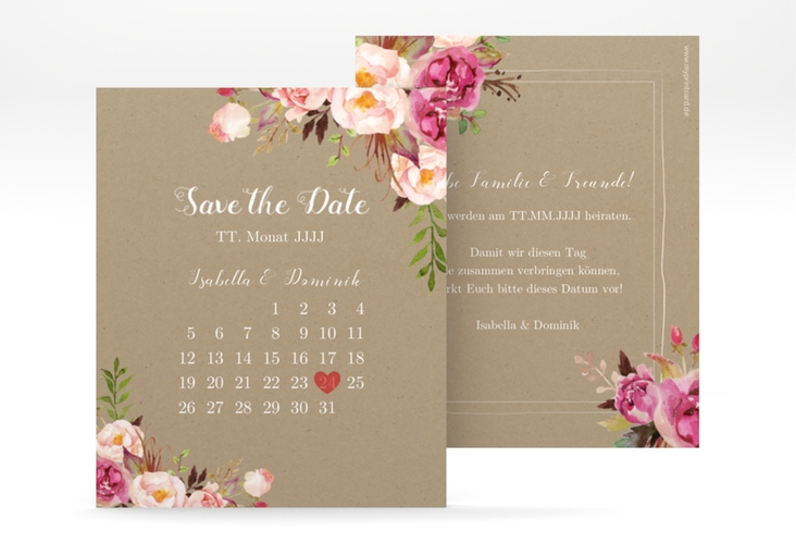 Save the Date-Kalenderblatt Flowers Kalenderblatt-Karte Kraftpapier mit bunten Aquarell-Blumen