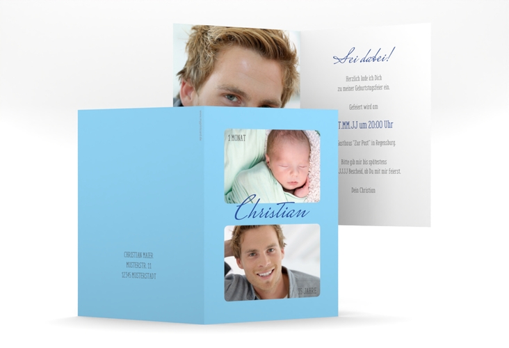 Einladung Geburtstag Zeitlos A6 Klappkarte hoch blau mit Damals- und Heute-Fotos