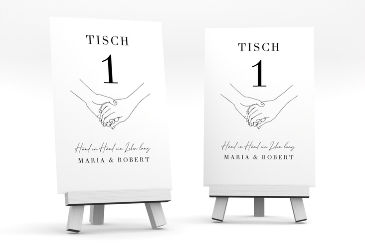 Tischnummer Hochzeit Hands Tischaufsteller weiss mit sich haltenden Händen im Monoline-Stil
