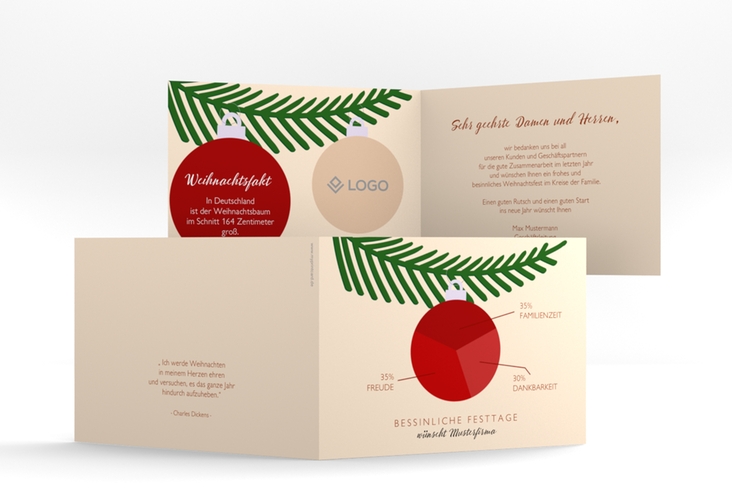Geschäftliche Weihnachtskarte Diagramm A6 Klappkarte quer apricot mit roter Weihnachtskugel als Tortendiagramm
