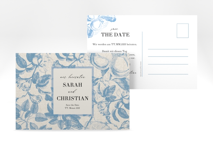 Save the Date-Postkarte Toile A6 Postkarte blau mit Blättermuster im Toile-de-Jouy-Stil