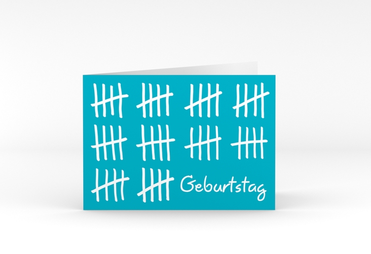 Einladung 50. Geburtstag Strichliste A6 Klappkarte quer blau hochglanz