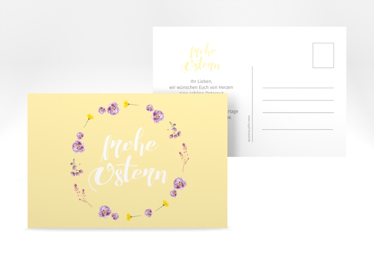 Osterkarte Fiorellino A6 Postkarte gelb hochglanz Pastell mit Blumenkranz