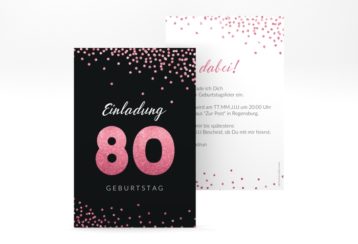 Einladung 80. Geburtstag Glitzer A6 Karte hoch pink